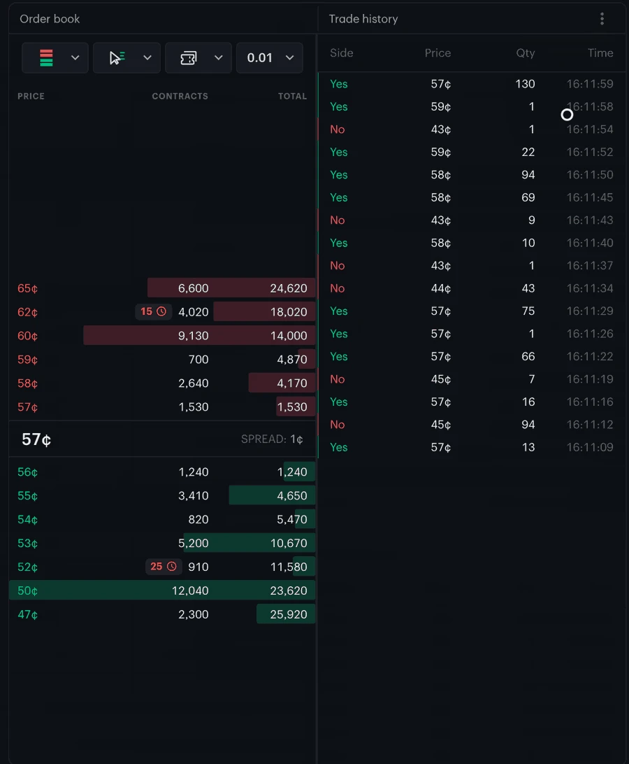 The order book’s ⋮ menu switching from Tab to Stacked, with trade history under the book, then to Large, with the book and trade history side by side.