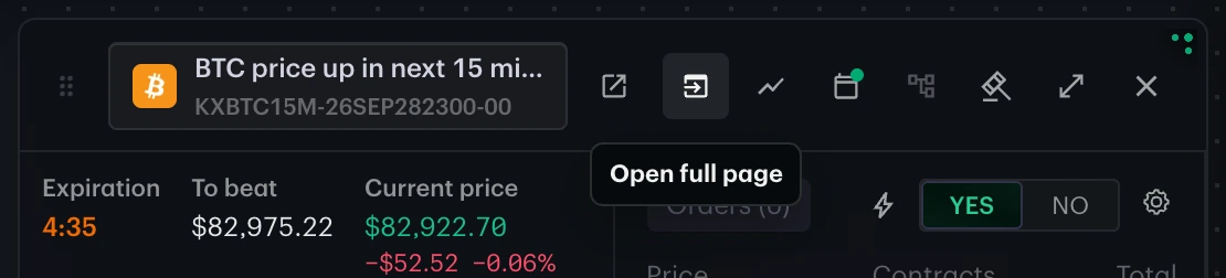 The header of a 15-minute Bitcoin Canvas tile, with the Open full page icon (a box with an arrow pointing into it) hovered to show its tooltip.