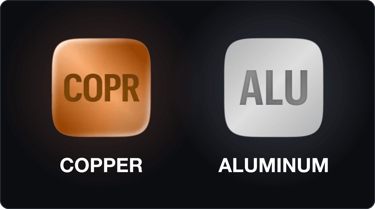 The two newly listed Kalshi Perpetuals metals as squircle tiles labeled Copper and Aluminum, each softly lit in its copper or silver accent color.