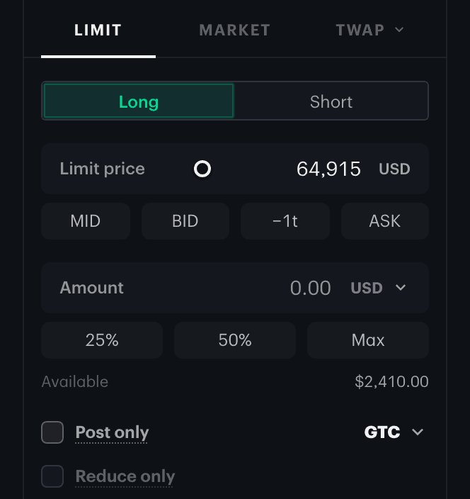 On the Perpetuals limit order ticket, double-clicking a price preset chip opens an editor where the tick offset is changed and the Price now readout updates. Saving updates the chip to the new offset and fills the limit price field.