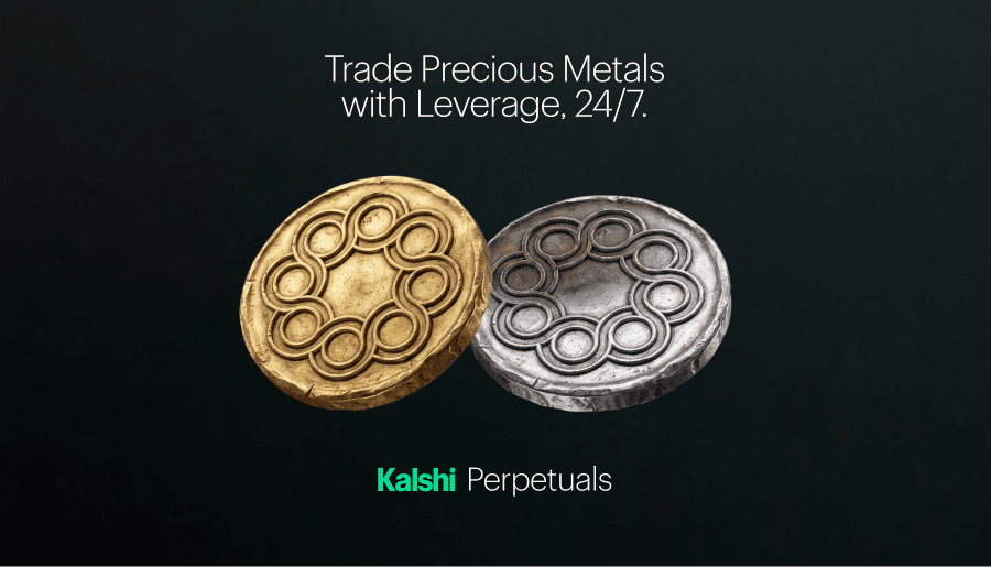 Gold and silver Kalshi Perpetuals listing: embossed gold and silver coin medallions on a dark background.