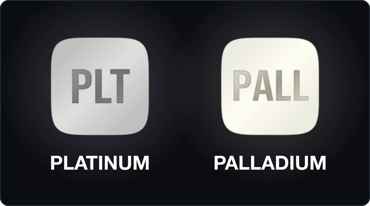 The two newly listed Kalshi Perpetuals metals as squircle metal tiles labeled Platinum and Palladium, each softly lit in its silver or pale-gold accent color.