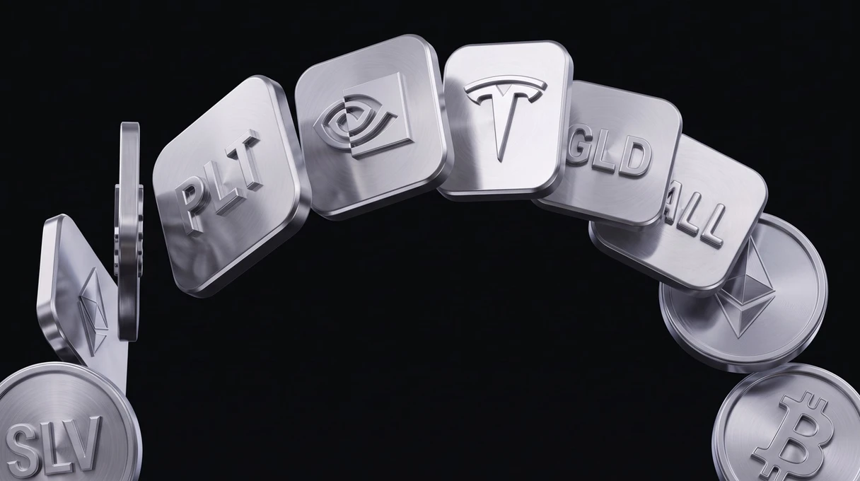 Brushed chrome tiles arc across a black background, stamped with the Nvidia and Tesla logos and the tickers PLT, GLD, and PALL, with Ethereum, Bitcoin, and SLV coins at the ends.