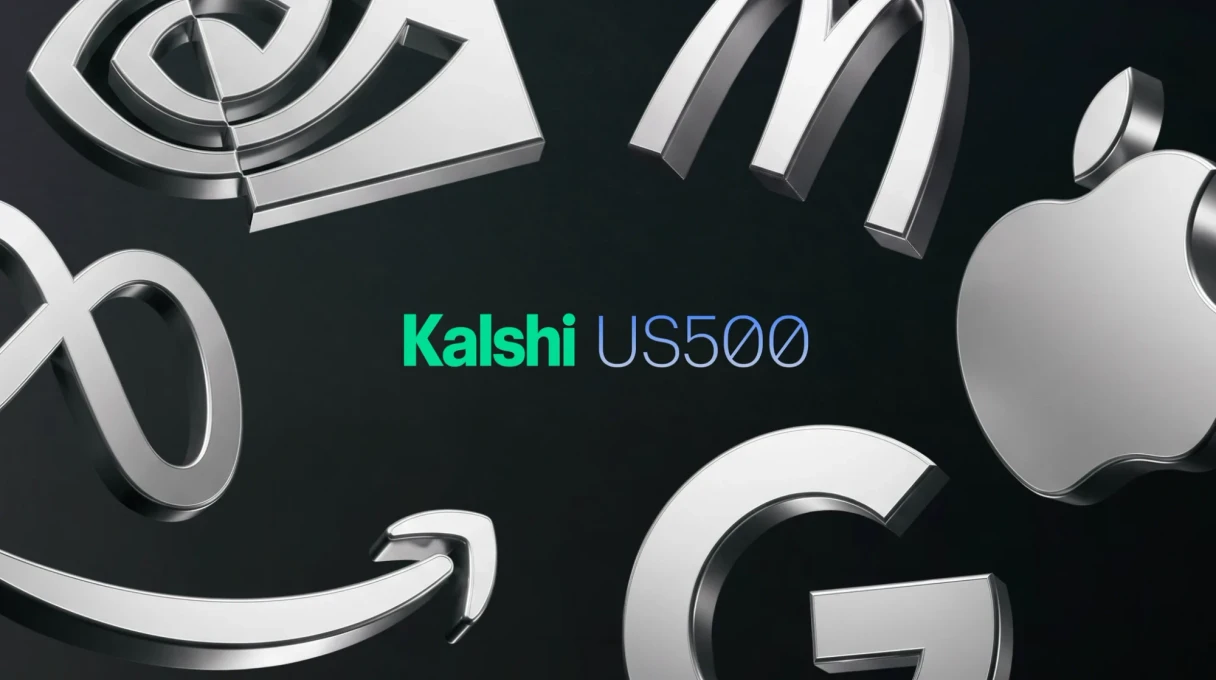 Kalshi US500 in green and blue type on a black background, surrounded by chrome 3D logos of large US companies including Nvidia, Apple, Amazon, Google, Meta, and McDonald's.