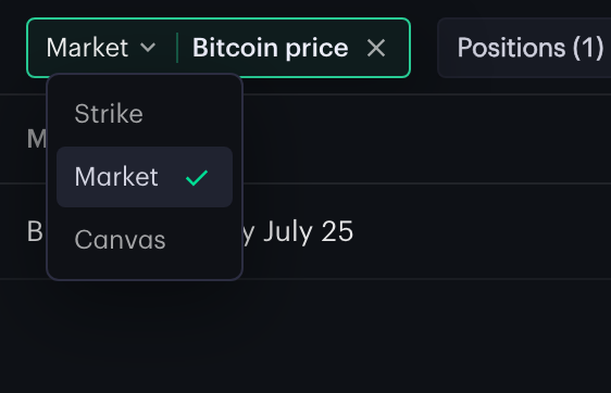 The Kalshi Pro canvas blotter's filter chip scoped to a Bitcoin price market, with its scope picker open showing Strike, Market (checked), and Canvas options.