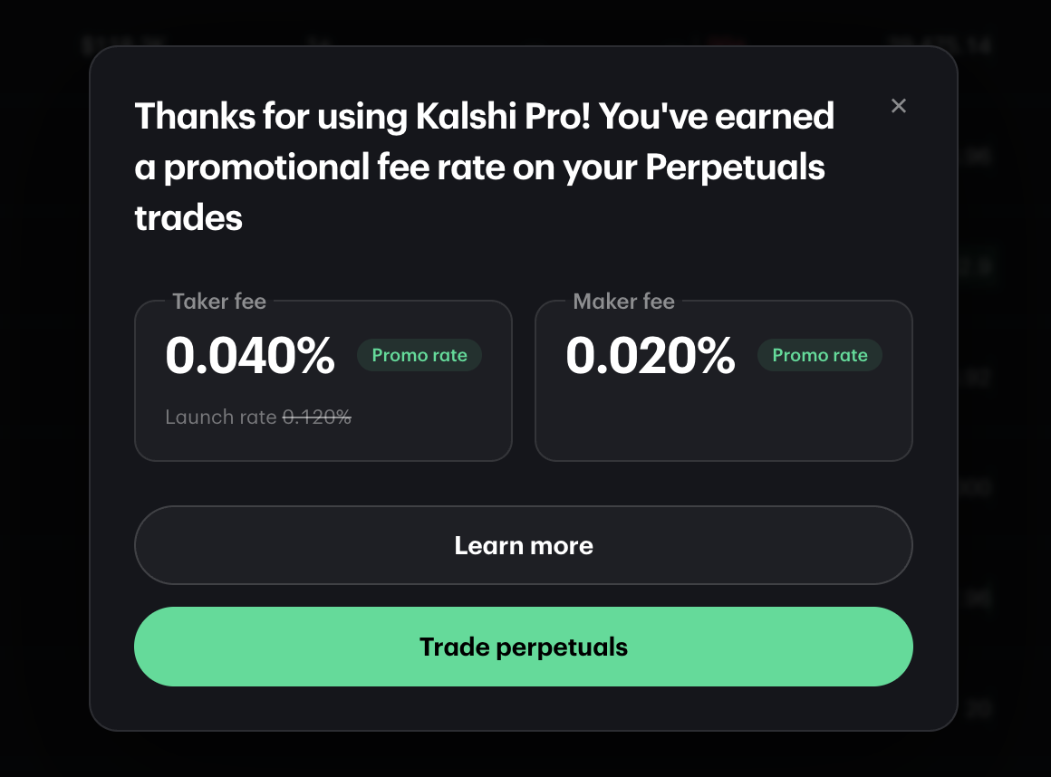 The Kalshi Pro Perpetuals promotional fee rate dialog.