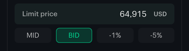 The Kalshi Pro Perpetuals order ticket with the BID quick-fill chip pressed and the limit price field locked and filled from the live best bid.