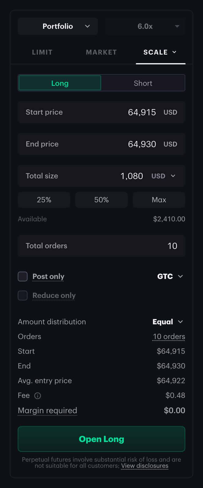 The Kalshi Pro Perpetuals Scale order ticket with its Amount distribution field now a dropdown control set to Equal, alongside the resolved 10-order ladder from $64,915 to $64,930.