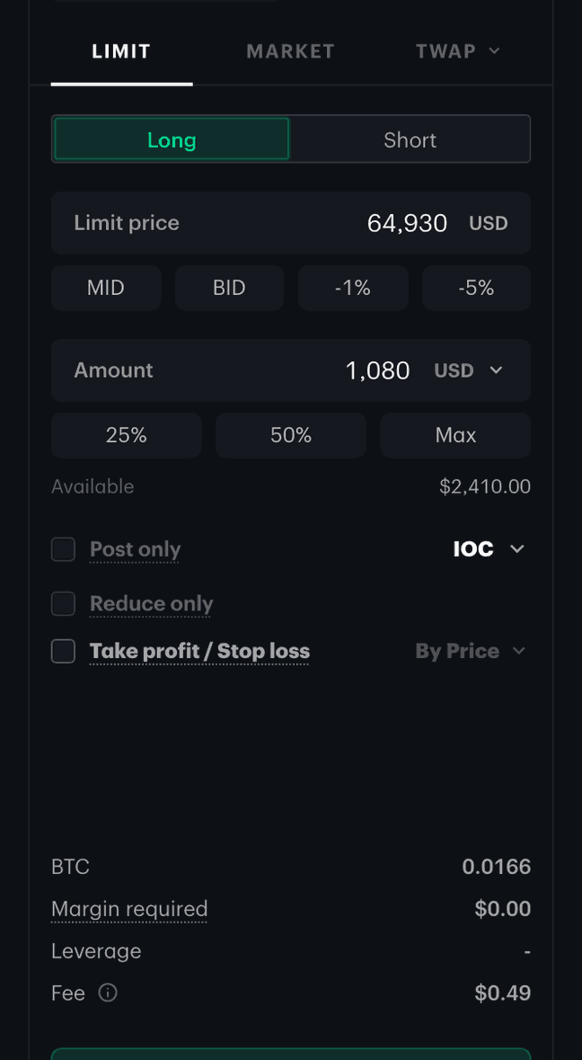 The Kalshi Pro Perpetuals order ticket switching from Limit to TWAP, then recomputing its slice plan — frequency, number of orders, size per suborder, and margin required — as the running time changes to one hour.