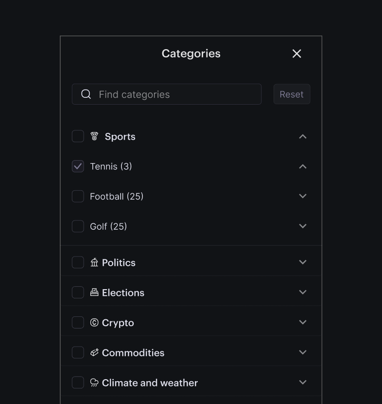Kalshi Pro Categories filter narrowed to a sports subcategory.