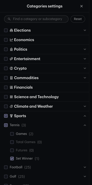 Kalshi Pro category settings filtered to a sports subcategory.